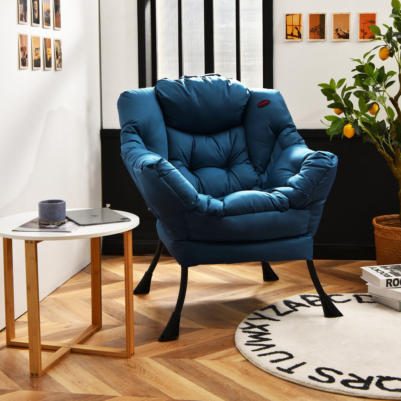 Fotel tapicerowany, relaksacyjny z podłokietnikami i kieszenią boczną, fotel telewizyjny, fotel z uszami do salonu, sypialni, biura (niebieski) - 9