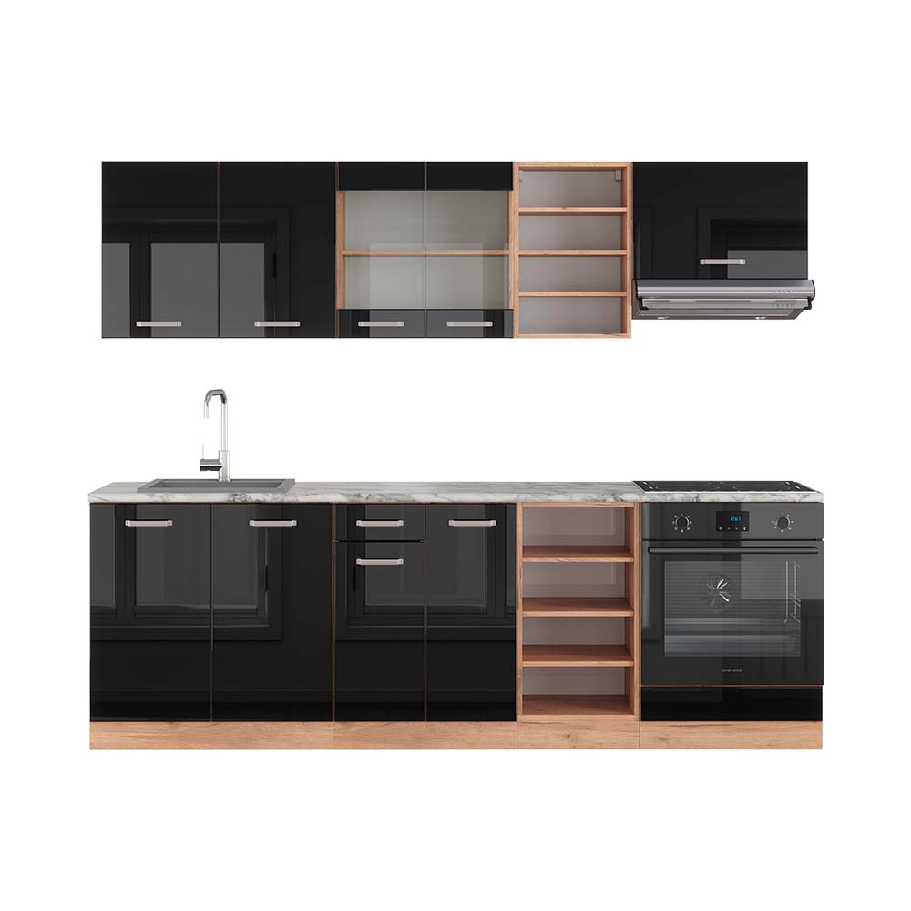 Vicco Zabudowa kuchenna R-Line, Czarny/złoty dąb o wysokim połysku, 240 cm , BP Marmur