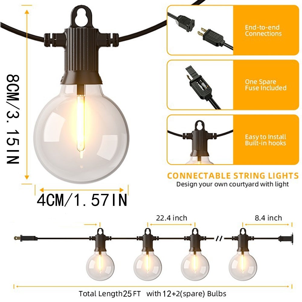 25-stopowe zewnętrzne lampki LED G40 z 12 żarówkami, wodoodporne, odporne na stłuczenia, ściemnialne, wiszące, do kawiarni, bistro i na werandę - 6
