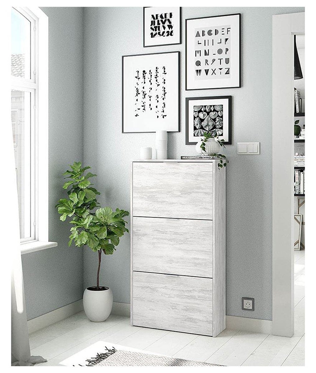 Meuble à Chaussures avec 3 abattants coloris chêne Gris blanchie - Hauteur 113 x Longueur 60 x Profondeur 22 cm - 3