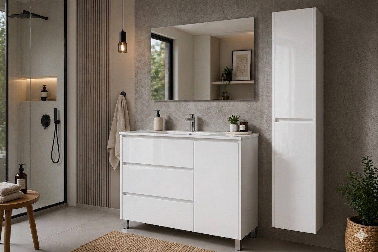 Set mobilier de baie VOLUM 3 sertare și ușă, lavoar și oglindă Alb Lucios 100x40 cm cu dulap coloană