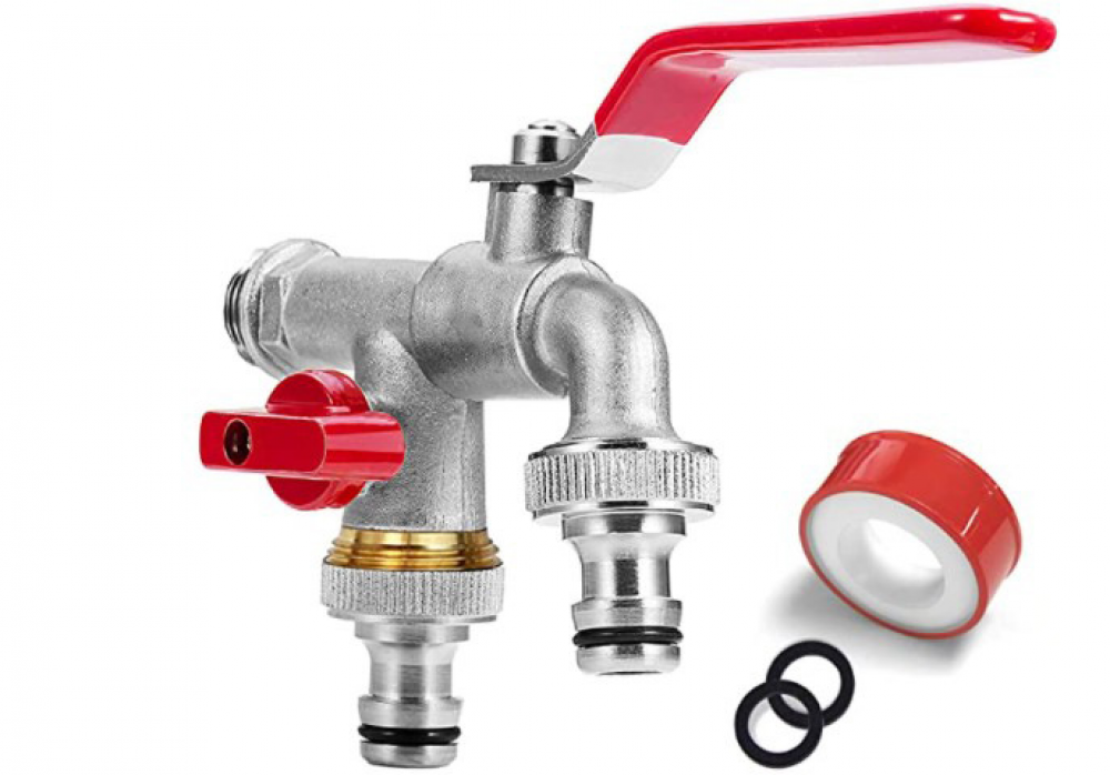 Wysokiej jakości podwójny mosiężny kran do wody 3/4 cala (20/27), odporny na rdzę i mróz + 2-krotne bezpłatne złączki do węża | do ogrodu