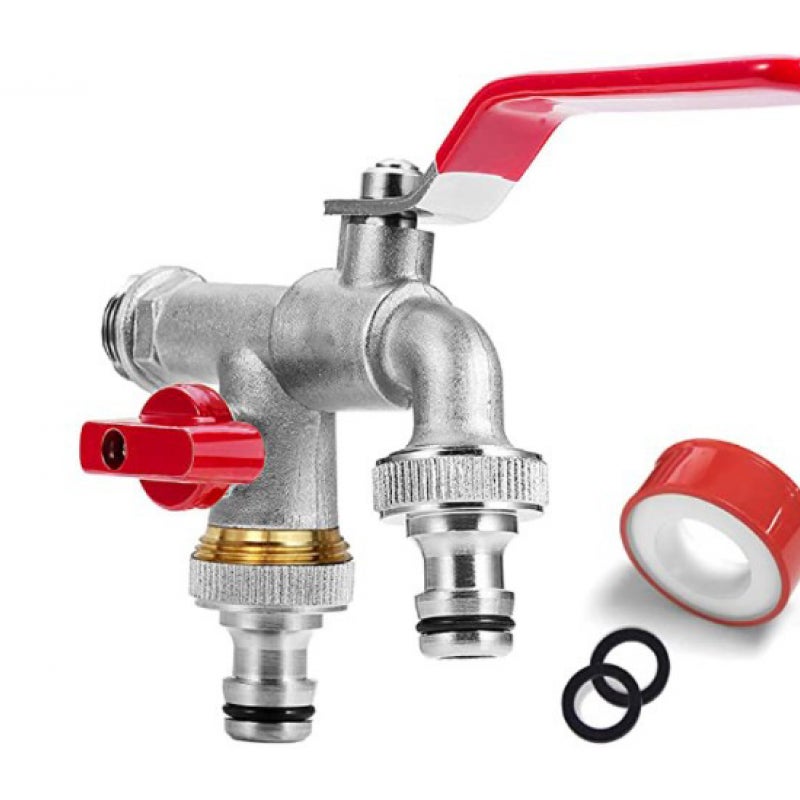 Wysokiej jakości podwójny mosiężny kran do wody 3/4 cala (20/27), odporny na rdzę i mróz + 2-krotne bezpłatne złączki do węża | do ogrodu