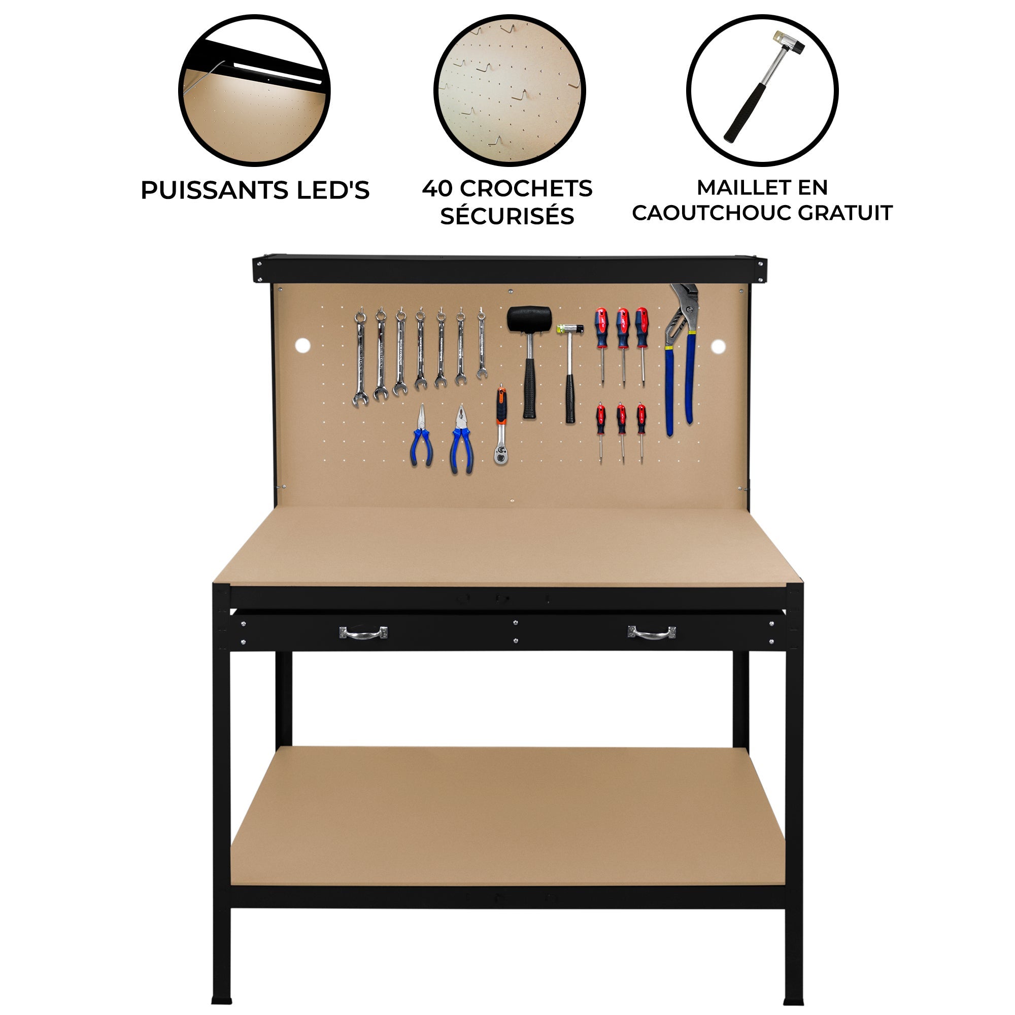 Établi de Travail en Acier Noir avec Tiroirs & Panneau Perforé 120 x 60 cm Capacité de 370 kg LED Intégré Bricolage - 2
