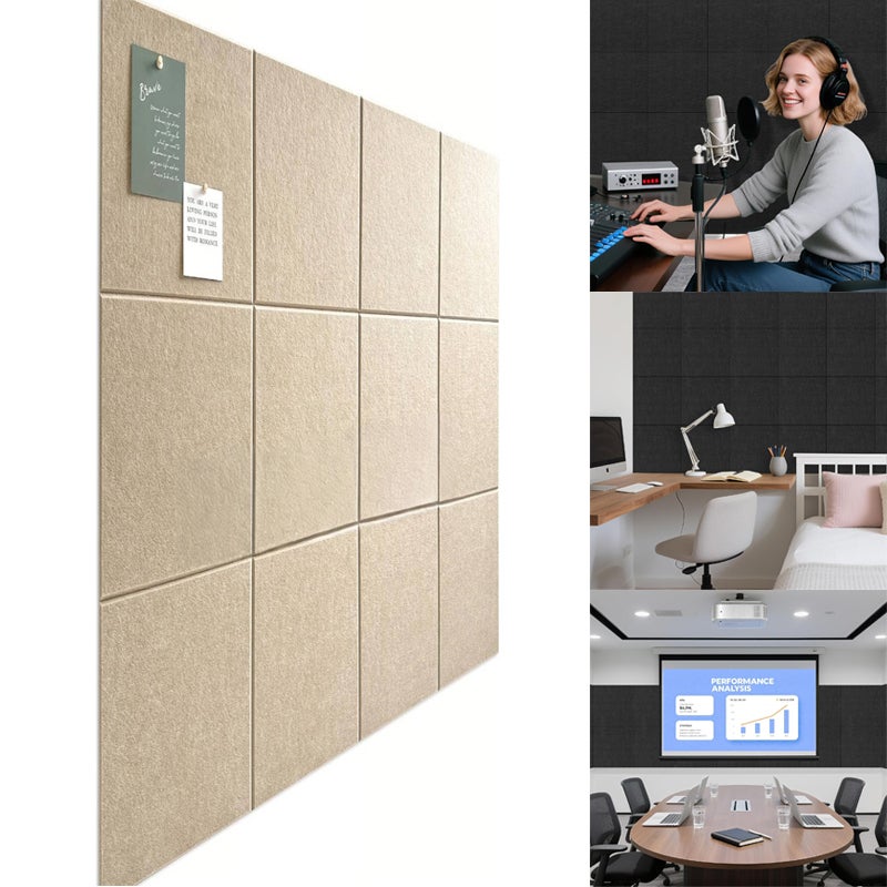 Samoprzylepne, 12 paneli dźwiękochłonnych z włókna poliestrowego 15x30cm, wycinane panele akustyczne do ścian, drzwi, sufitów, biur i studiów