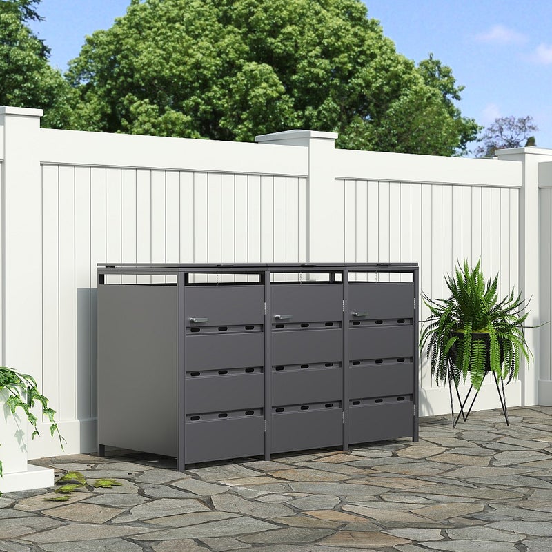 Osłona na śmietnik z ocynkowanej stali w kolorze antracytowym - 0,6 mm - 3 kosze po 240L - S200 x G80 x W116 cm - LOKAFA