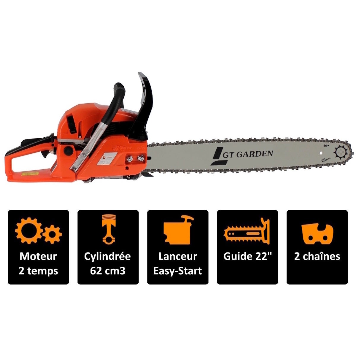 Tronçonneuse thermique 62 cm3, 3.5 CV, guide 55 cm, 2 chaînes - GT GARDEN - 2