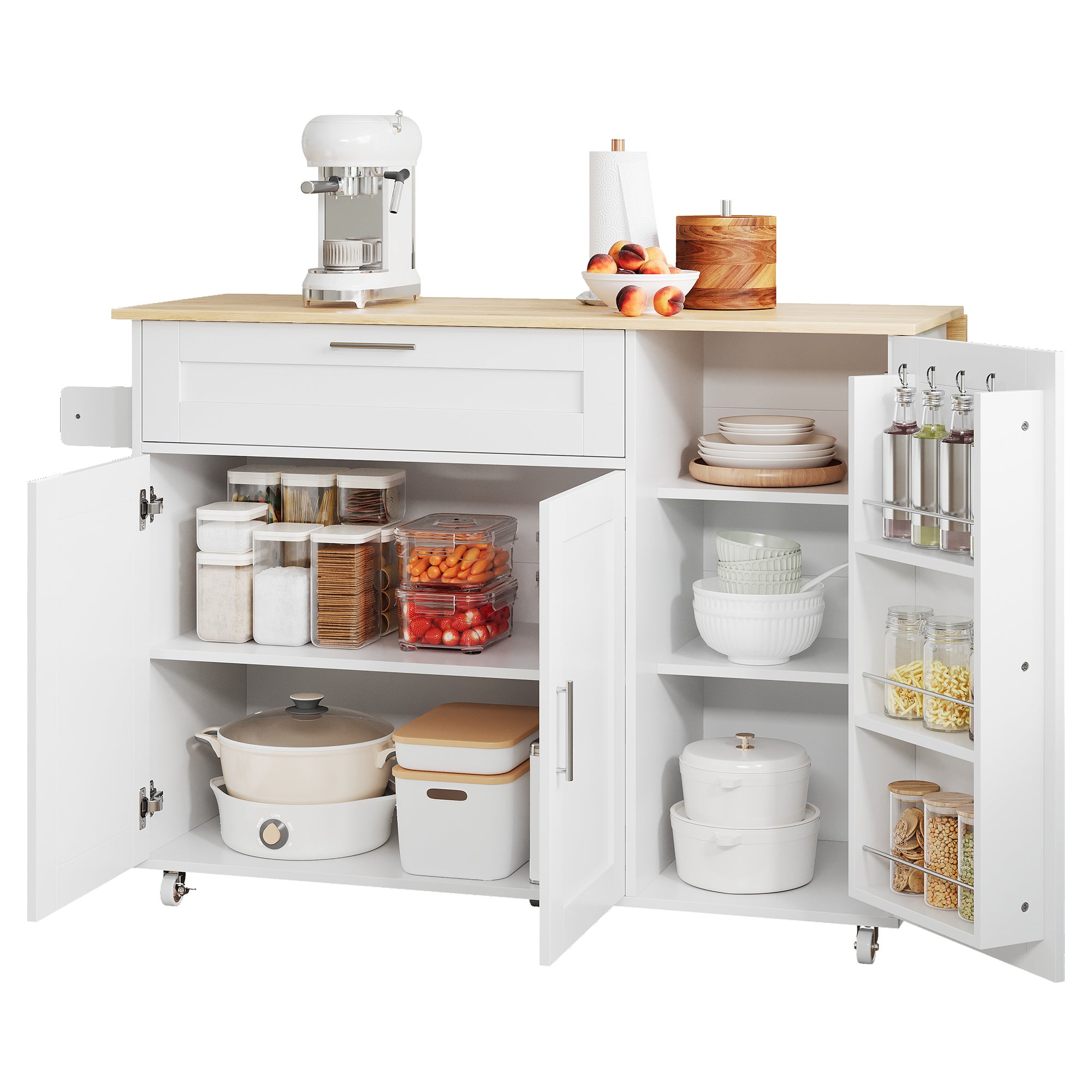 Ilot central de cuisine mobile avec 3 portes et 1 tiroir - Plateau extensible - 132.5x44(70)x90 cm - Bois MDF - Blanc et naturel - 3
