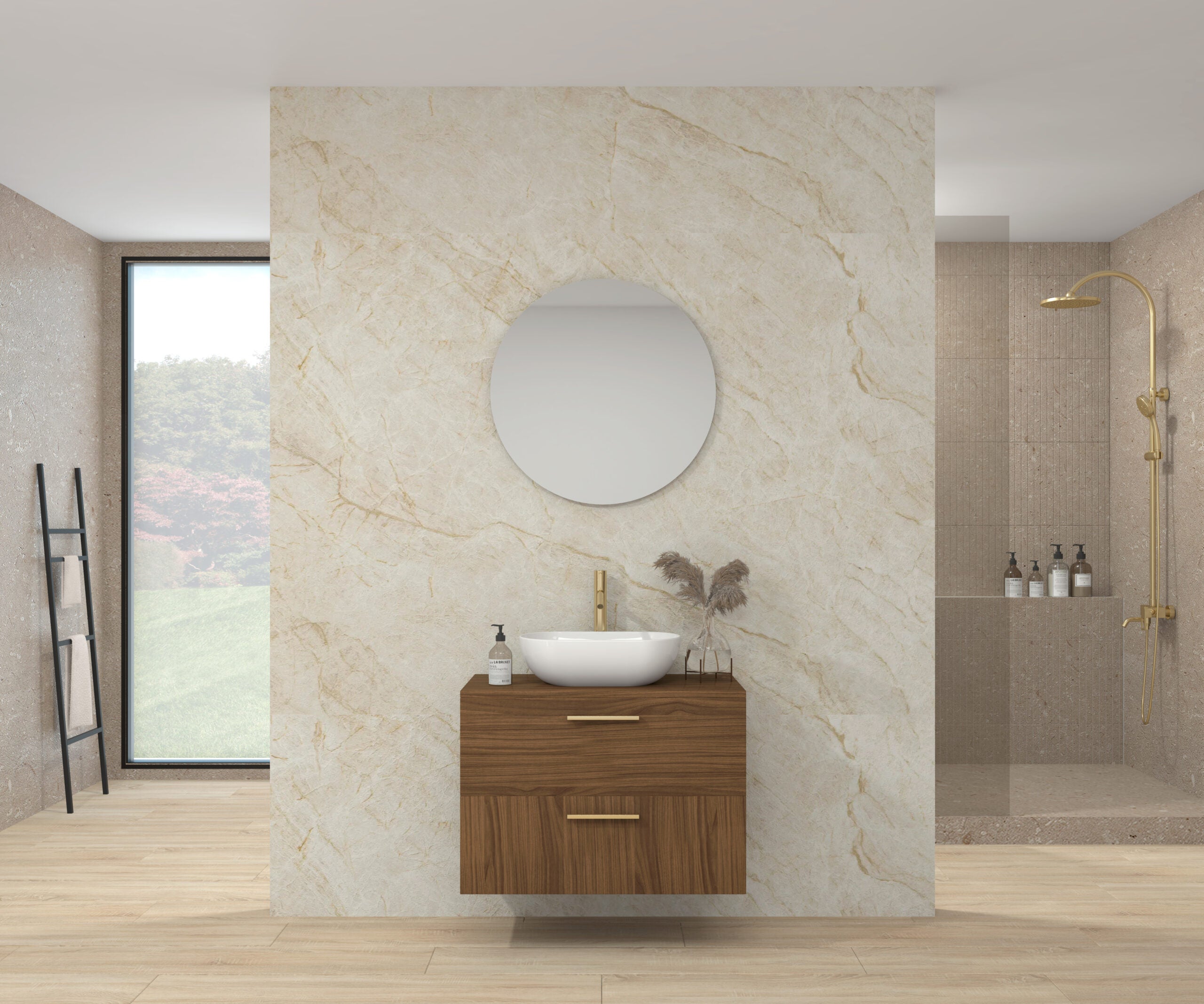 Avantarea pack mueble de baño con lavabo y espejo circular chamelet 80 cm nogal