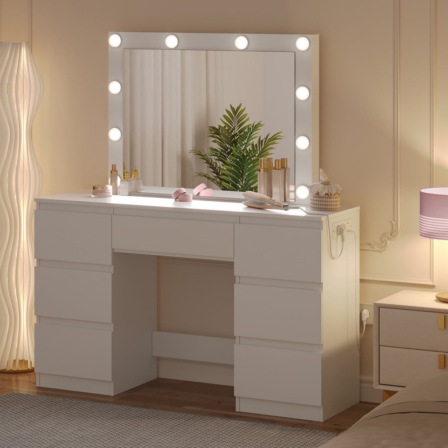 Coiffeuse avec miroir en MDF Blanc H. 110 x l. 39.5 x P. 140 cm - 2