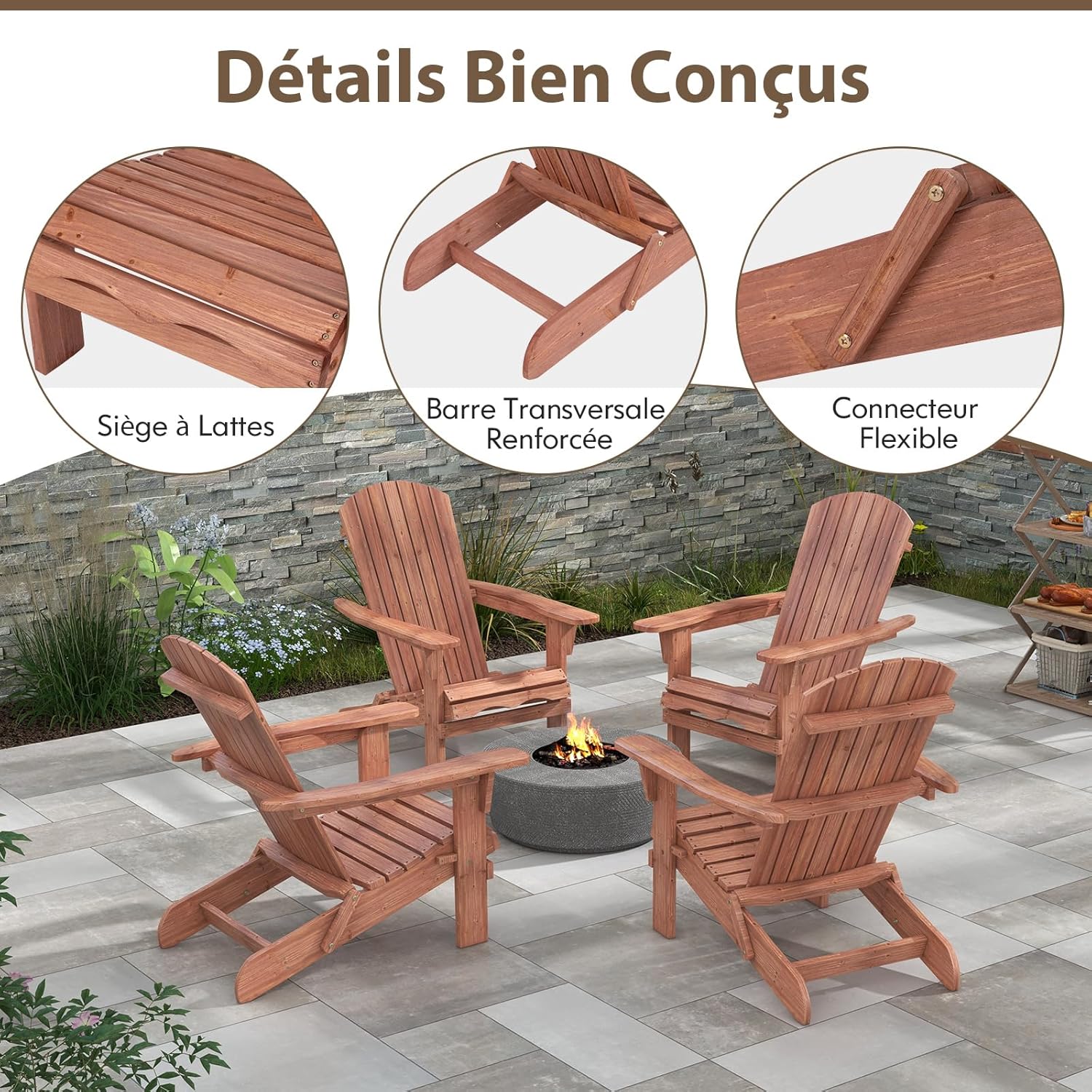 Lot de 2 Chaise de Jardin Adirondack en Bois, Fuateuil de Jardin à Lattes Pliable avec Accoudoirs, Dossier Haut, Charge 160 KG - 8