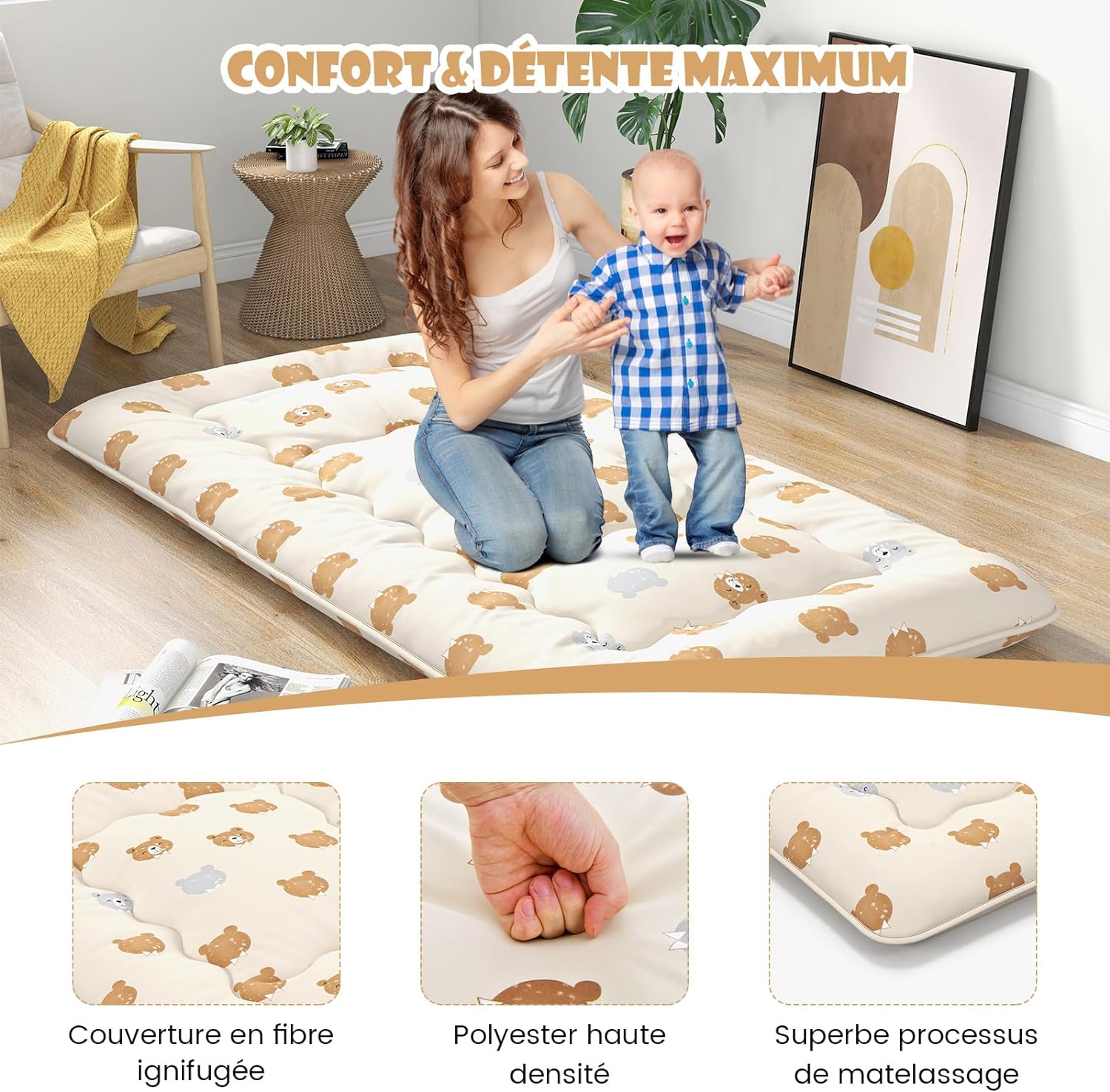 Japoński materac futon, mata tatami, materac podłogowy, składany materac z poszewką nadającą się do prania, (niedźwiedź brązowy, 90 x 200 cm) - 5