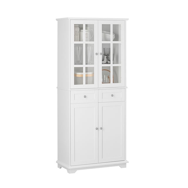Moimhear Credenza In Truciolato Color Noce Con Vetrina In Vetro 140x40x75,8 Cm - Mobile Angolare Con 4 Cassetti E 2 Ante, Per Soggiorno