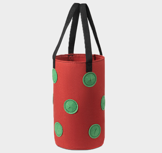 Worki do uprawy truskawek (3 galony, 20 x 35 cm, 13 otworów, wzór w czerwone i zielone kropki), 1 opakowanie. Worki wiszące z uchwytami, do ogrodów z