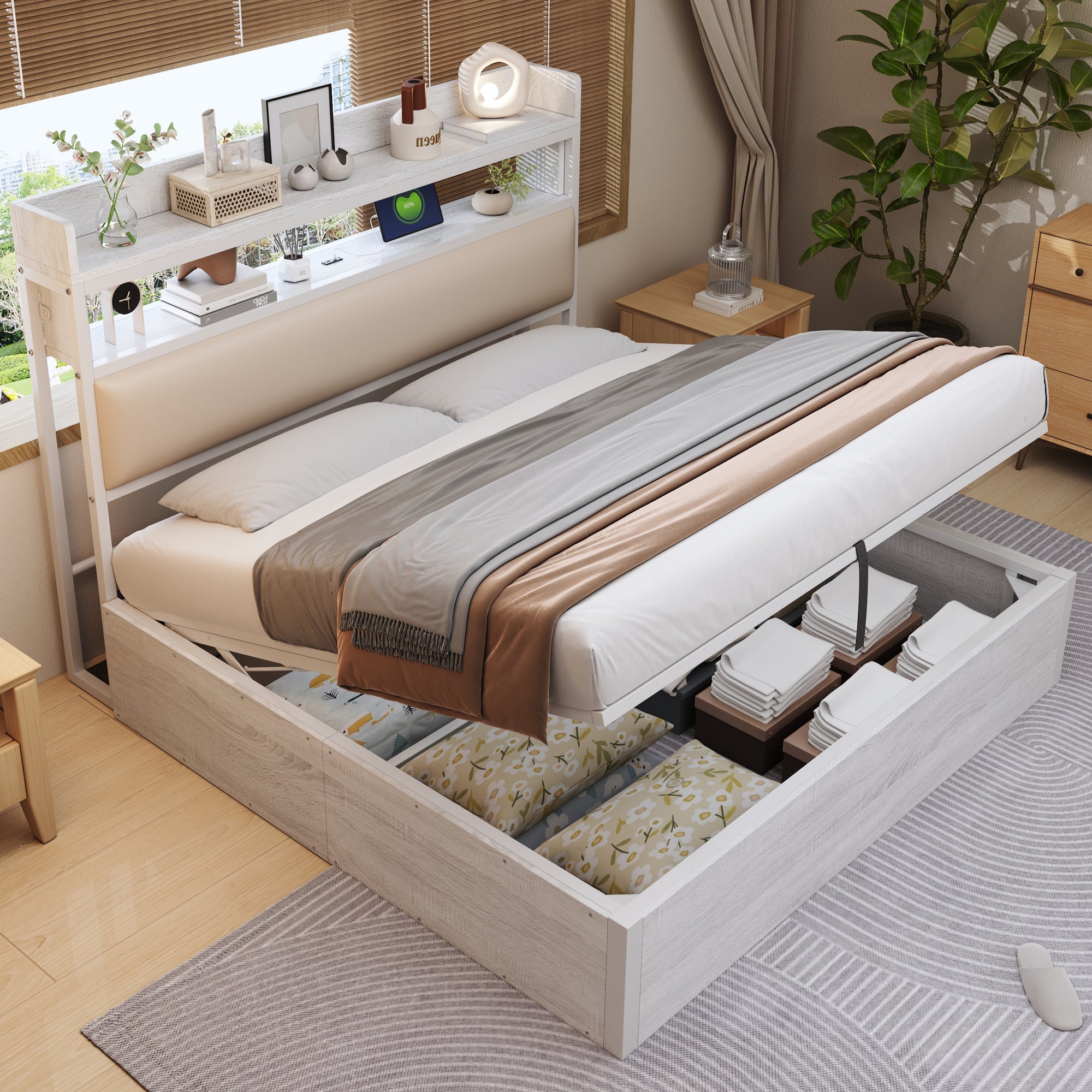 Merax  Cama Con Cabecero Y Baldas De Almacenaje De 180 X 200 Cm, Tomas Usb, Madera Mdf, (Sin Colchón) Blanco , Leroy Merlin