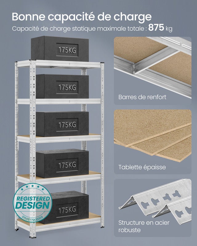Étagère de Rangement Charge Lourde, Lot de 2, Étagère de Garage 40 x 90 x 180 cm, Capacité de Charge Jusqu’à 875 kg,Tablettes Réglables, Argent - 7