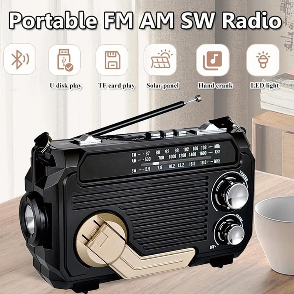 Radio D'Emergenza FM/AM A Manovella E Solare – Batteria 1800 MAh, Altoparlante Stereo E Ricarica Multipla!