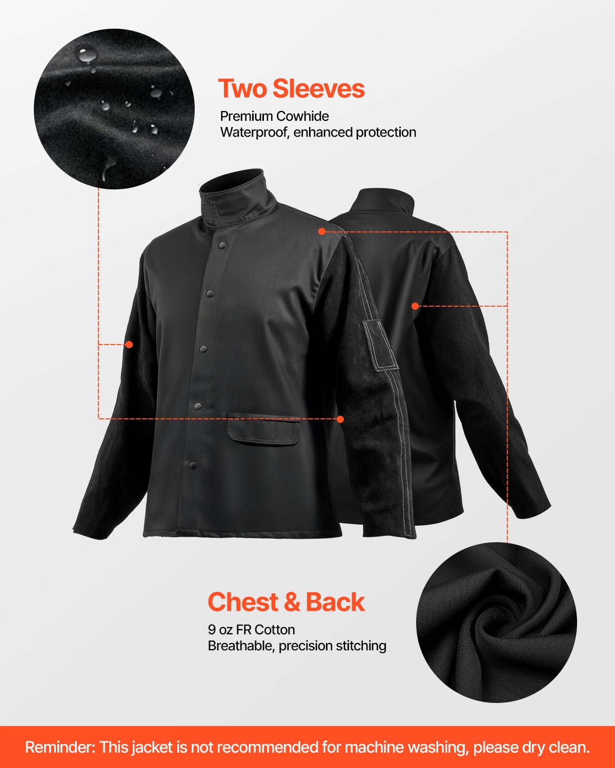 Veste soudage ignifuge,VEVOR XL,cuir vachette fendu corps coton FR 9 oz,résistante chaleur,boutons-pression,idéale pour soudeurs installateurs - 3