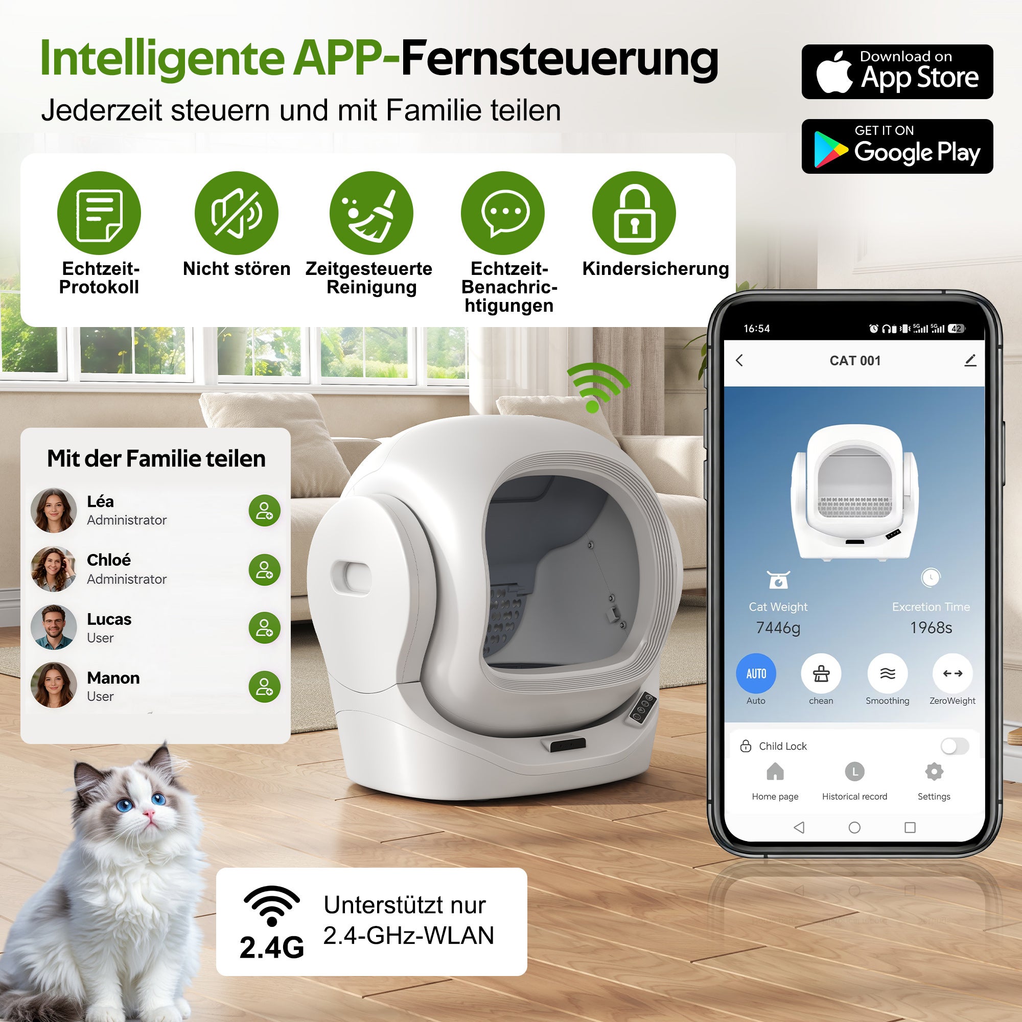 Areia automática inteligente 68L grande, reservatório 8L, caixa aroma, infravermelho, app, 1-2 gatos, autolimpante, silenciosa, segura crianças - 4
