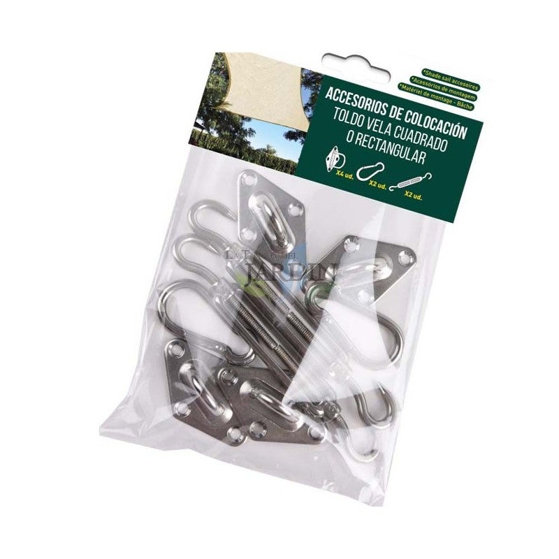 Kit de fixation pour Voile d'Ombrage Rectangulaire en acier inox: 4 fixations murales, 2 mousquetons et 2 tendeurs - 2
