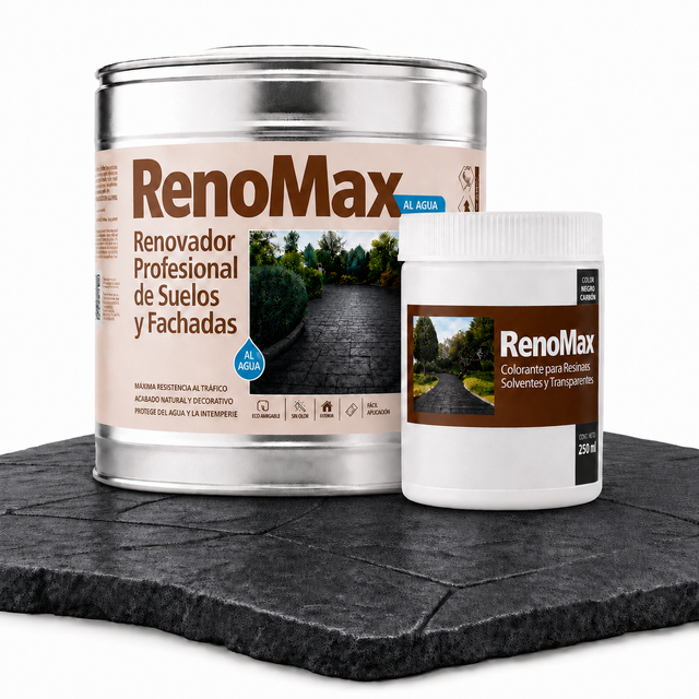 RENOMAX - Resina Hormigon Impreso y Superficies Porosas Al Agua + Tinte Hormigon Impreso Negro Carbón, 2L Cubre hasta 20m² | Garantía 5 Años