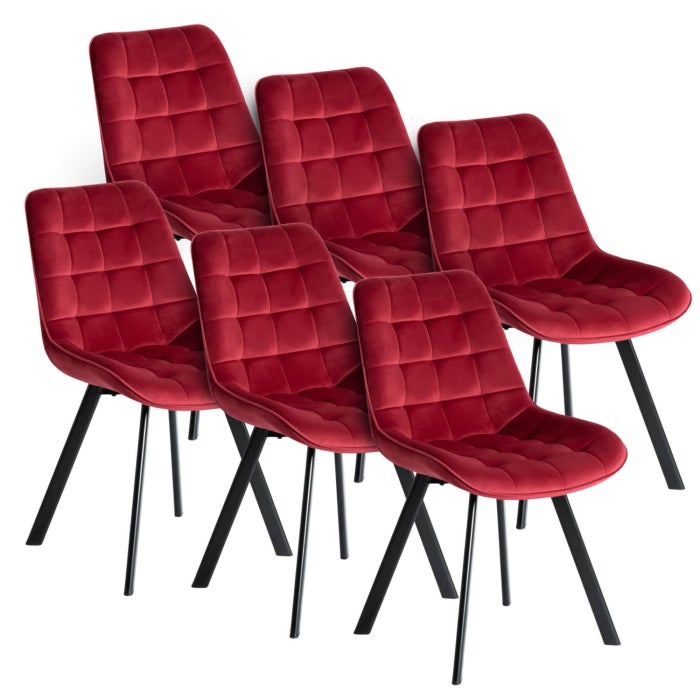 Zestaw 6 Krzeseł Tapicerowanych Welurowych Komplet Do Jadalni Bordowe Rick