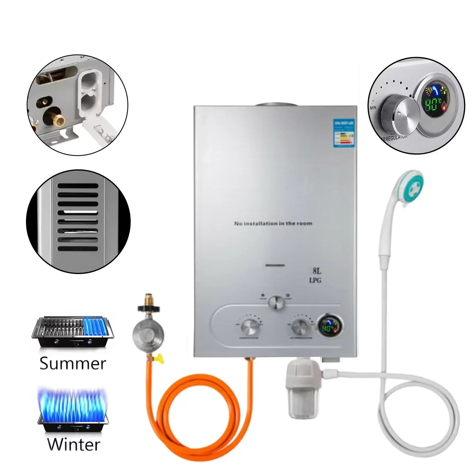 Aquecedor de água digital a gás de 8L, em aço inoxidável, sem