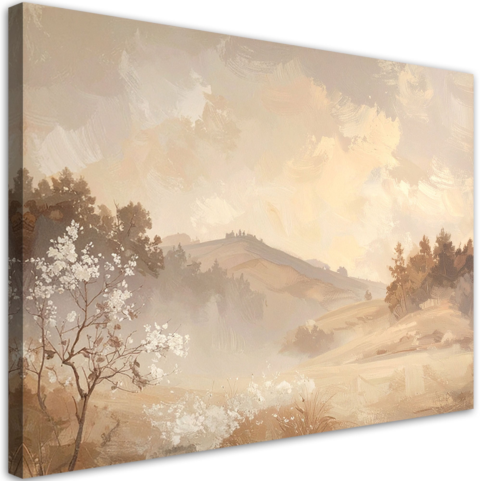 Obraz do salonu sypialni, Pastelowy Pejzaż Gór i Drzew Rustykalny Krajobraz Natury 120x80