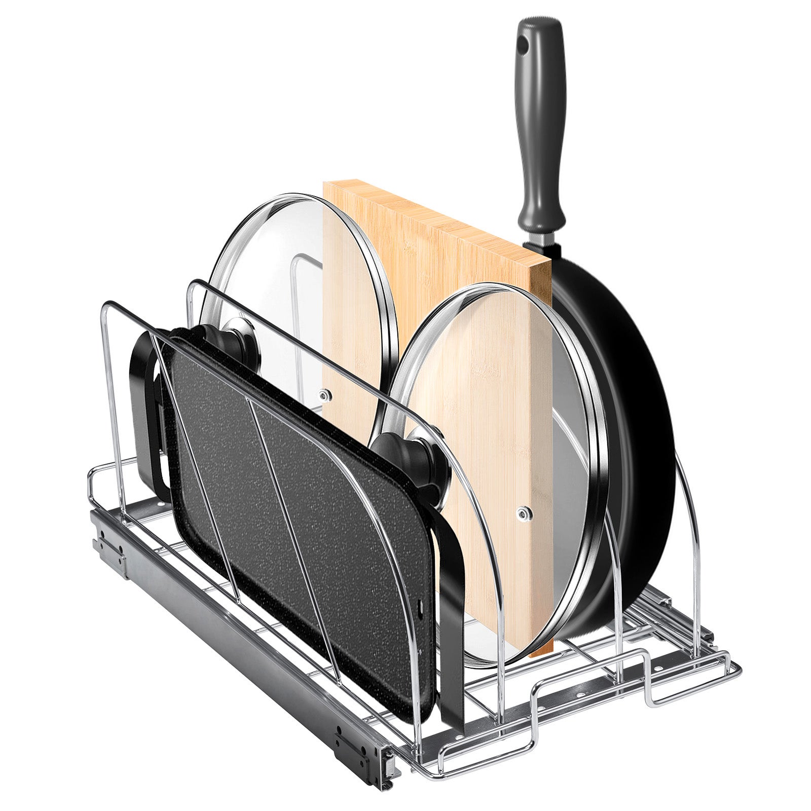 Soporte SucceBuy sartenes y ollas extensible: Organizador deslizante bajo el armario, separadores ajustables, soporte acero para cocina, 12,5