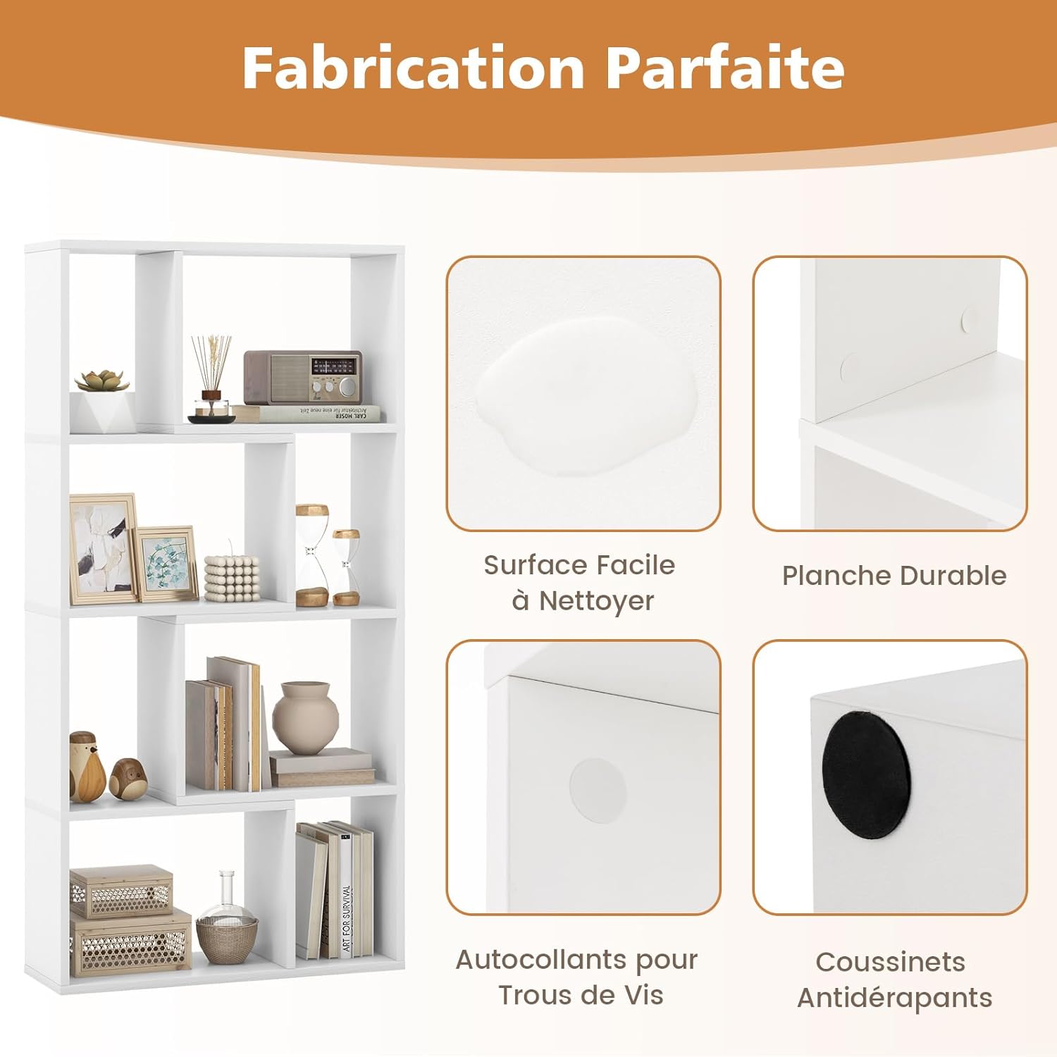 Bibliothèque Étagère à 8 Compartiments Ouvertes, Meuble de Rangement avec Kits Anti-basculement, pour Salon, Bureau, 20x60x120cm, Blanc - 8