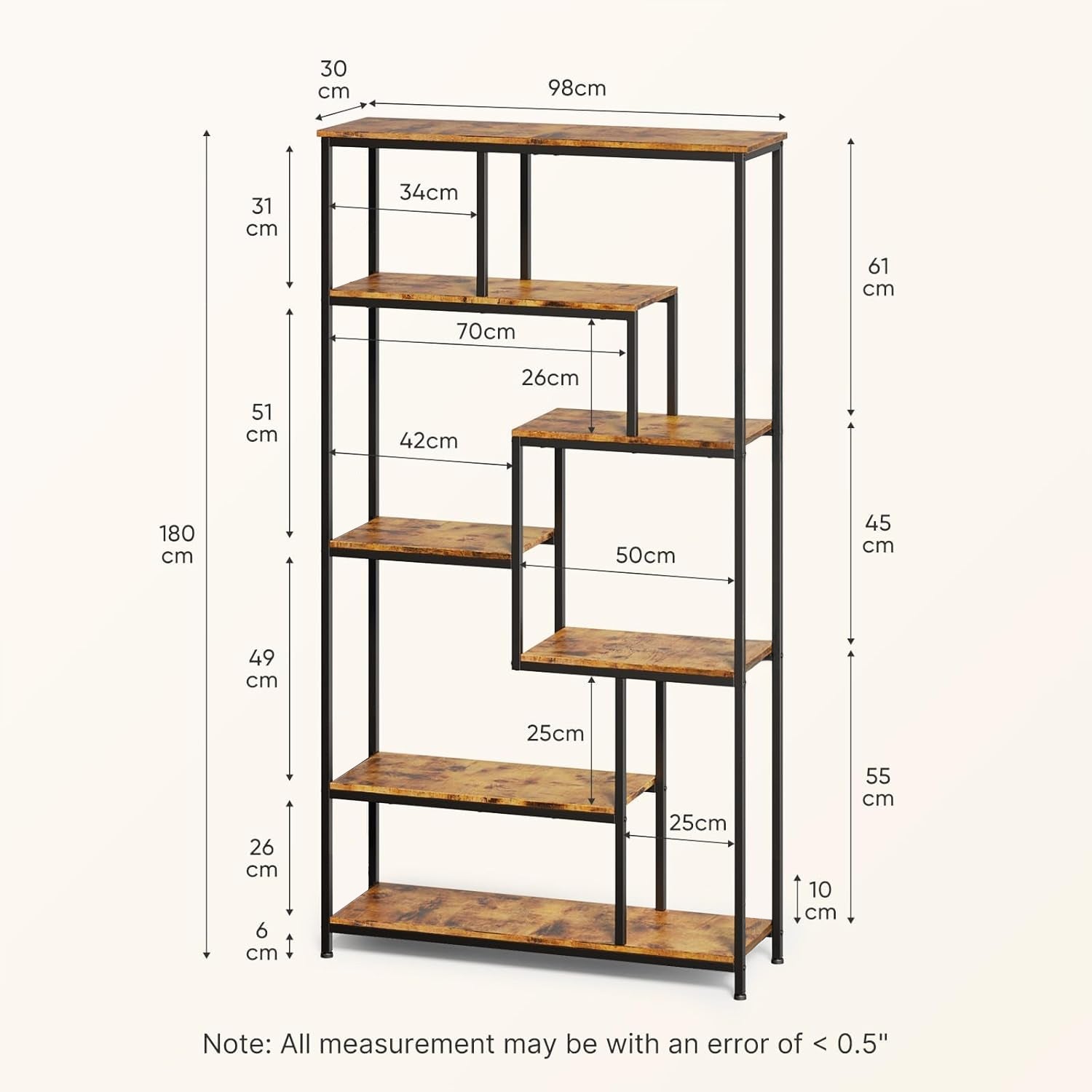 Bibliothèque Prateleira de Organização 7 Níveis Estrutura em Metal Pés Ajustáveis 100 x 30 x 180 cm Marrom Bealife - 3