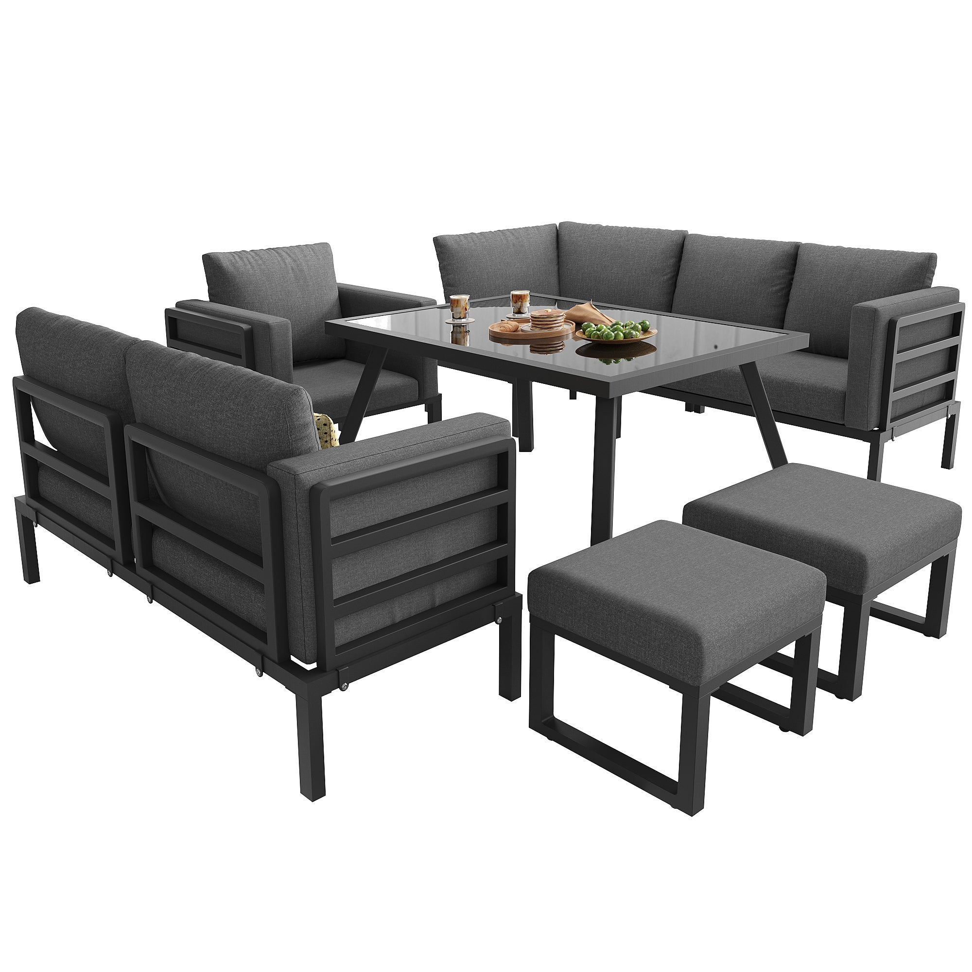 Conjunto Jardín Exterior en Forma de Media Luna para 8 Plazas / Estructura robusta de Hierro+Cojines / Mesa de Cristal+ 1 Sillón+ 2 Taburetes - Gris - 5