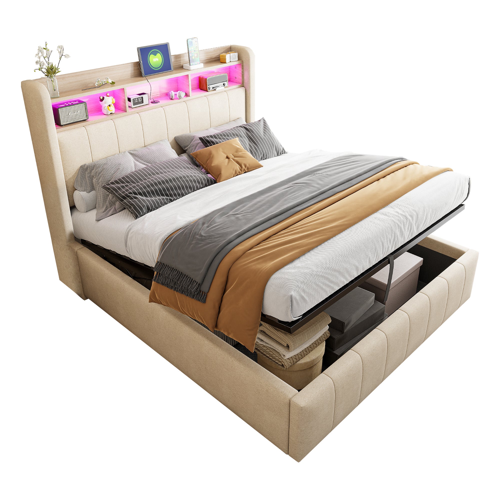 Lit double Lit coffre 140x200 cm avec LED et USB, tête de lit avec rangement, lin beige, sans matelas - 3