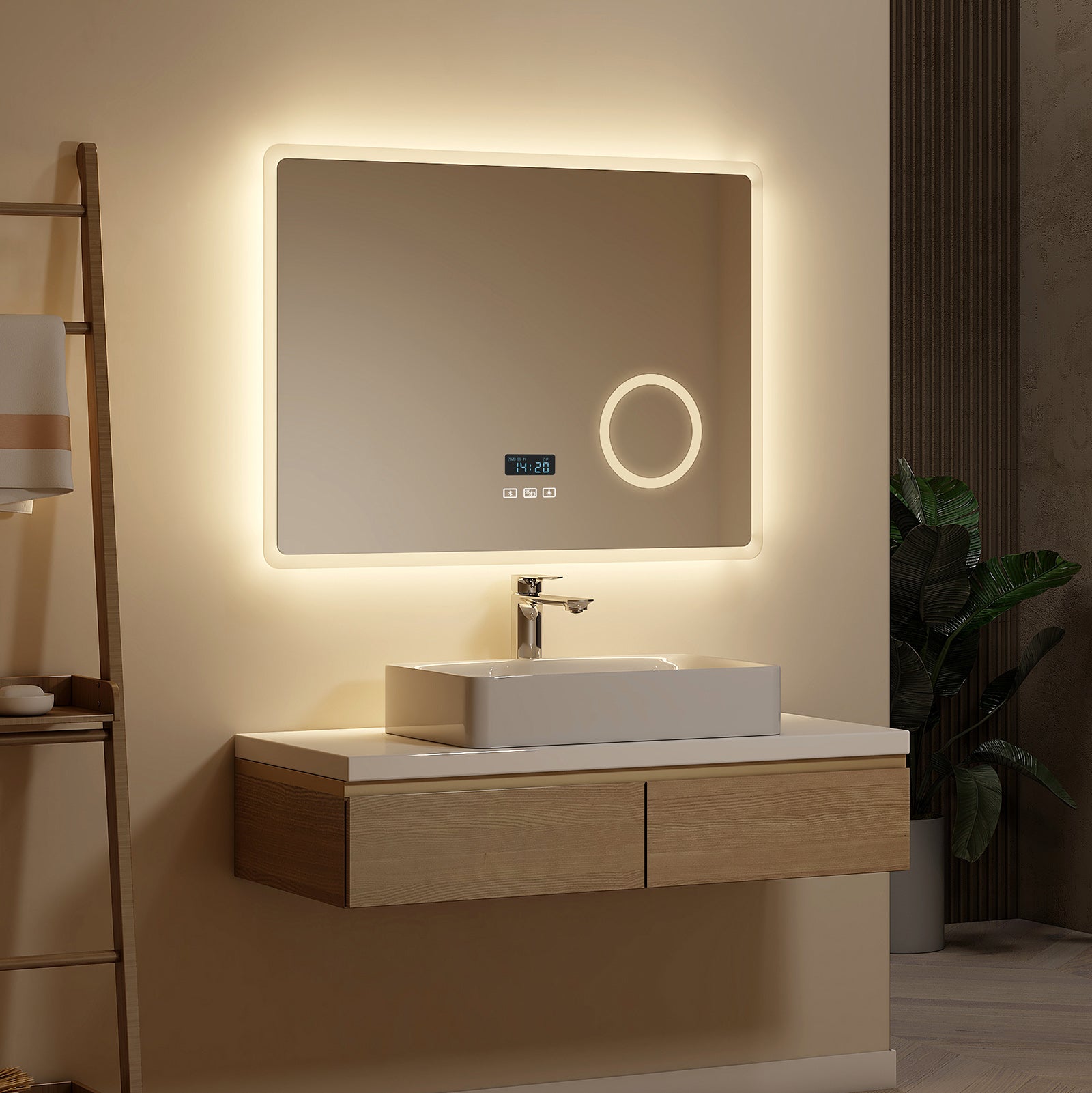 EMKE Lustro łazienkowe z oświetleniem LED 80x60 cm, z 3 regulowane kolory światła, przeciwmgielne, Bluetooth, 3-krotne powiększenie, funkcja pamięci