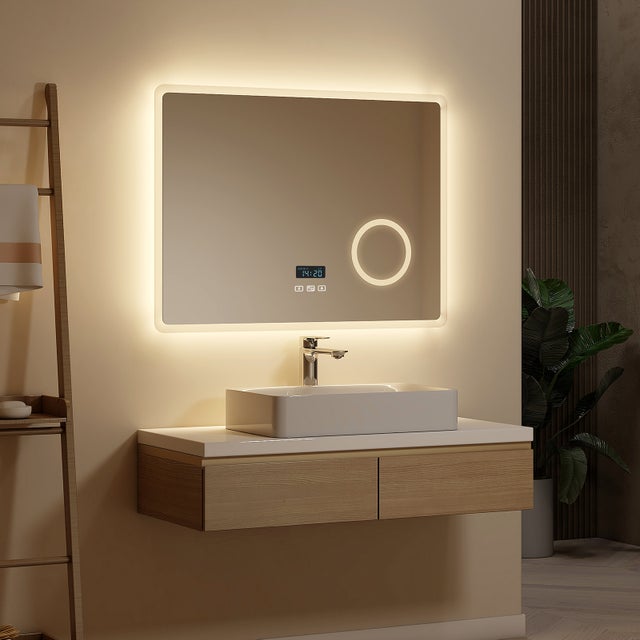EMKE Miroir lumineux salle de bain 80x60cm, Miroir LED avec Interrupteur Tactile, Anti-buée, 3x Grossissement, Bluetooth, 3 couleurs de Lumières