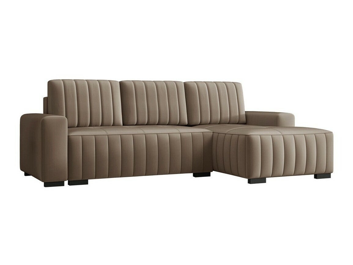 Sofá rinconero columbus 154, de color marrón claro, función de descanso, caja de ropa de cama, 240x140x85cm