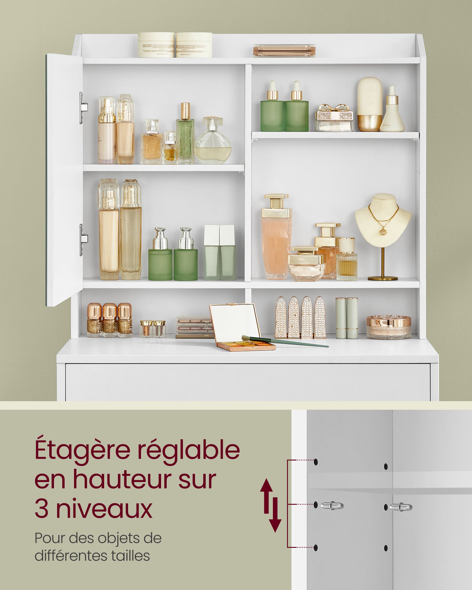 Coiffeuse avec Miroir - tiroir, étagères réglables - Style Moderne - 70 x 40 x 136 cm - Blanc - 4