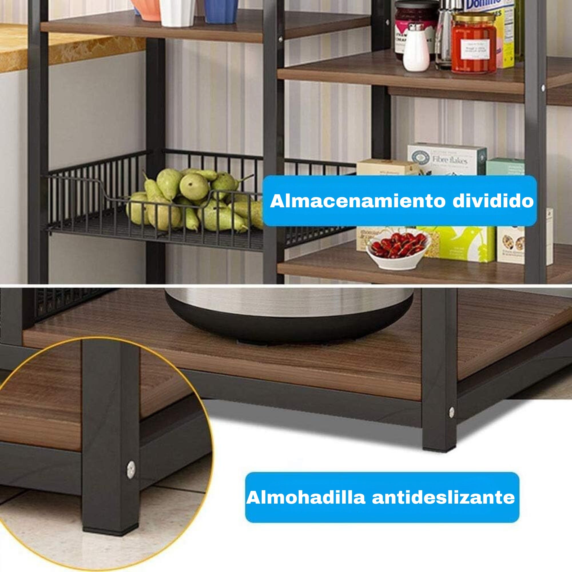 Etagère de cuisine, étagère pour micro-ondes, étagère ouverte 2 grilles et plusieurs étagères 80x30x142cm, couleur noir et bois - 6