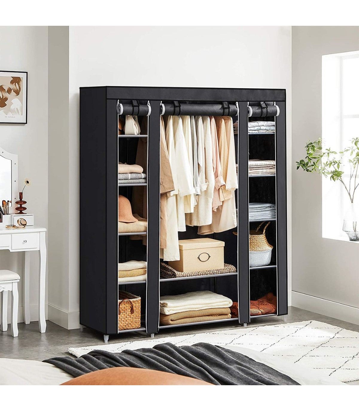 SONGMICS Armoire de Rangement en Tissu, Penderie avec Housse, Placard, Garde-robe, 45 x 150 x 175 cm, 12 Compartiments, pour Chambre, Vestiaire, Noir - 7