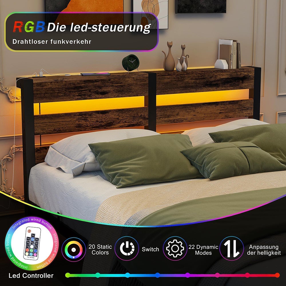 Łóżko dla dorosłych z oświetleniem LED i stacją ładującą USB, metalowa konstrukcja, materac nie wchodzi w skład zestawu, brązowe - 120 x 200 cm - 8