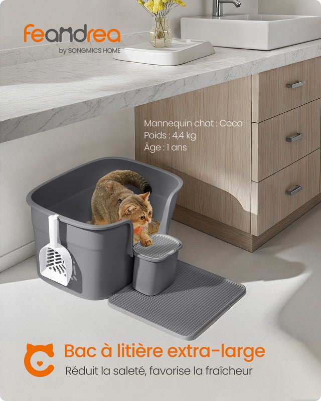 Bac à Litière pour Foyers Multi-Chats, Avec un Tapis de Litière, Boîte de Rangement, Pelle, pour Grand Chat, Gris Ardoise - 2