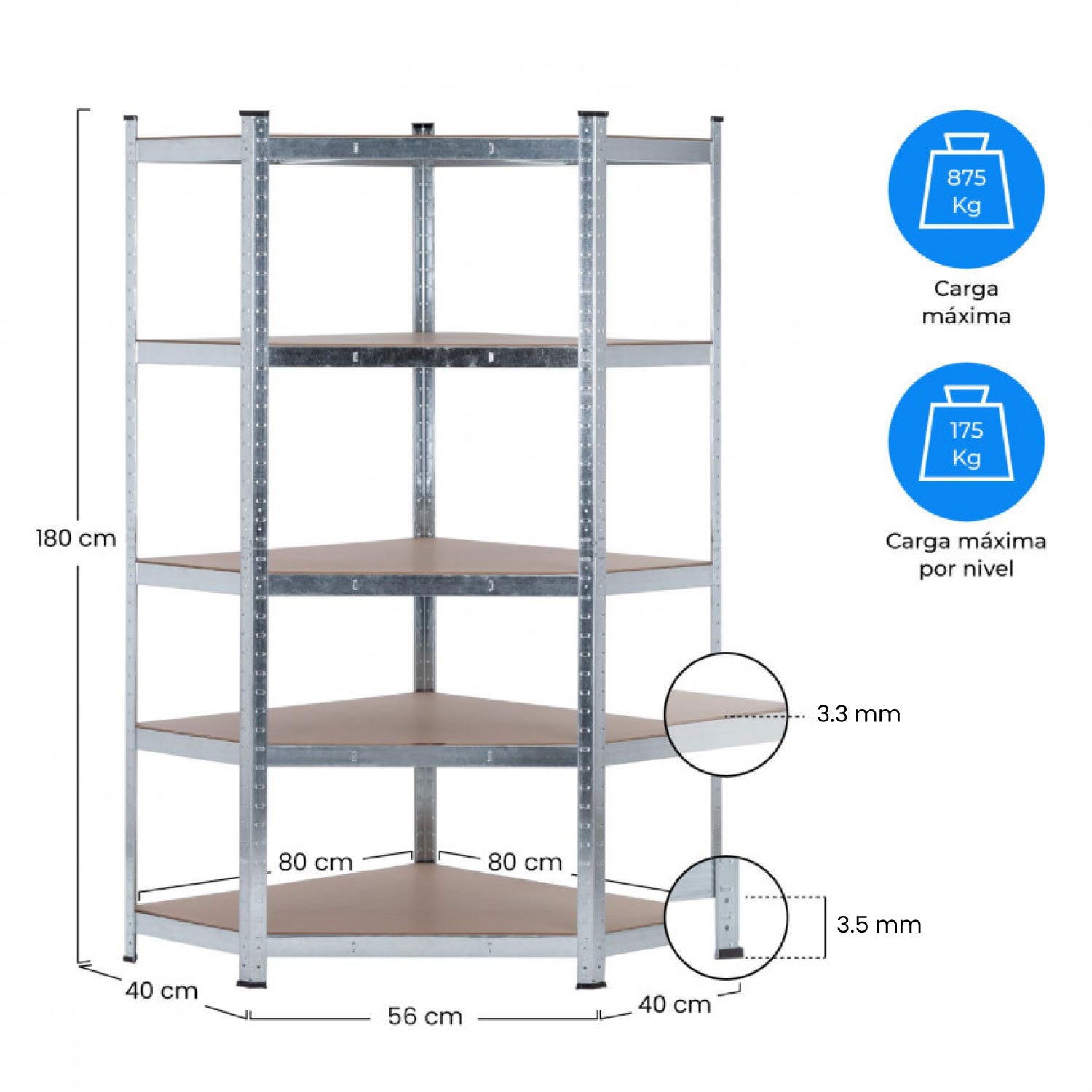 Prateleira Modular de Canto Metálica com 5 Prateleiras 875kg Prata 80x40x180cm Thinia Home - 6