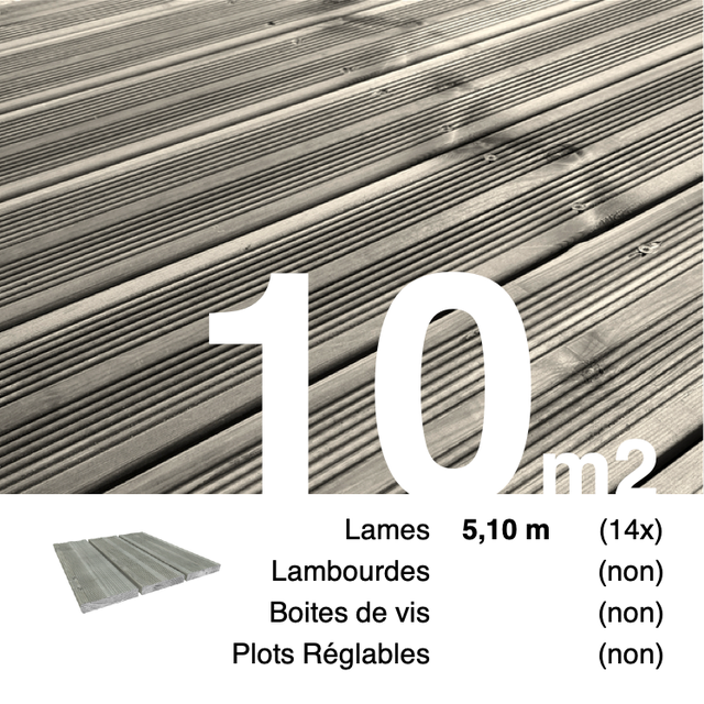 Planches de terrasse Pin autoclave Gris pour 10 m² • Longueur 5,1 m