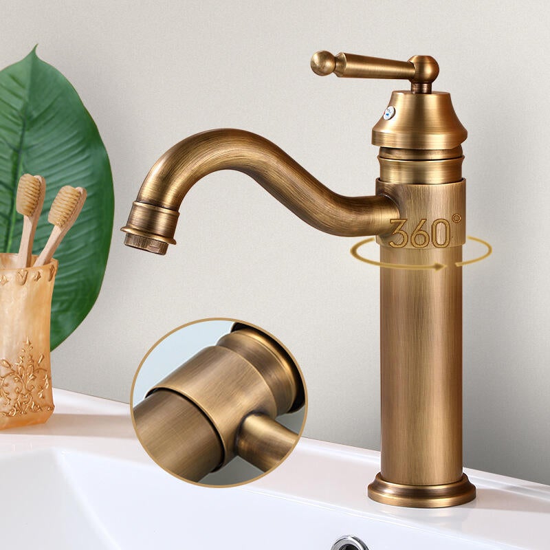 Antyczna mosiężna bateria łazienkowa, obrotowa bateria umywalkowa 360°, zabytkowa bateria mieszająca wodę ciepłą i zimną