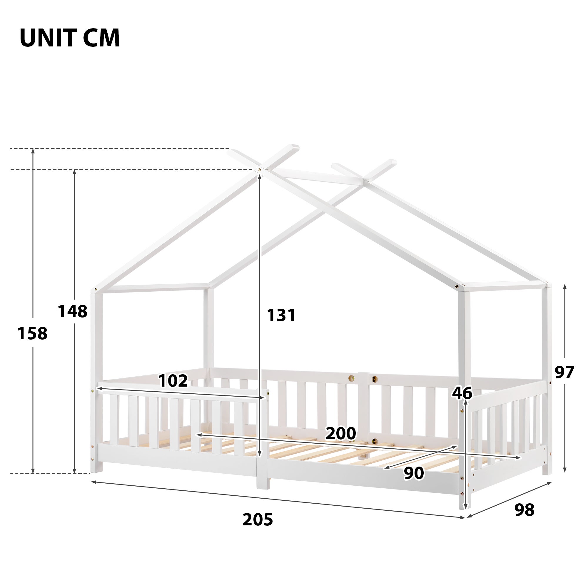 Lit cabane enfant 90x200 cm en bois avec clôture et sommier à lattes, pour chambre d'enfant et d'adolescent, blanc, sans matelas - 4