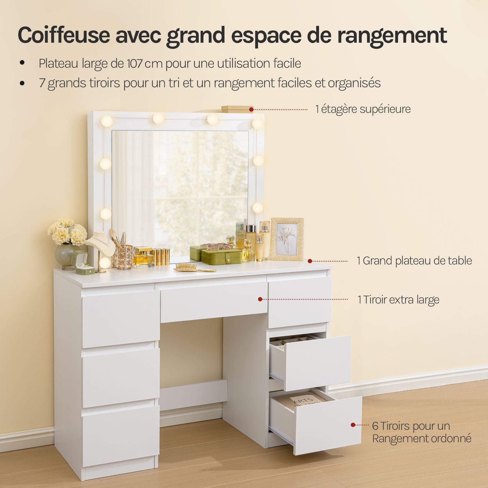 Coiffeuse avec miroir LED en Bois Blanc H. 140.5 x l. 39.5 x P. 39.5 cm - 2