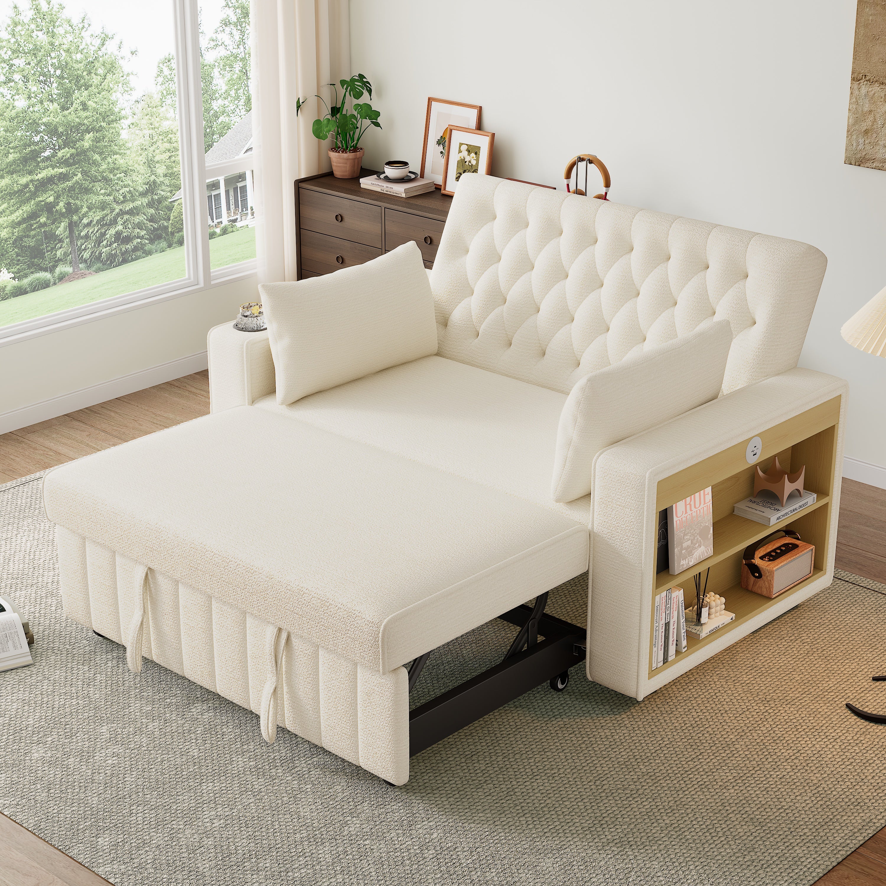 Sofá-cama de 2 lugares, sofá-cama dobrável Chenille - 140 x 71,5/137 x 84 cm - com função dormir e tomada de carregamento - Bege - 2