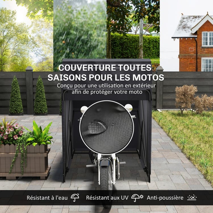 Abri de moto extérieur tente à moto housse de protection en tissu Oxford, 2 fenêtres, 345 x 135 x 191 cm, noir - 5