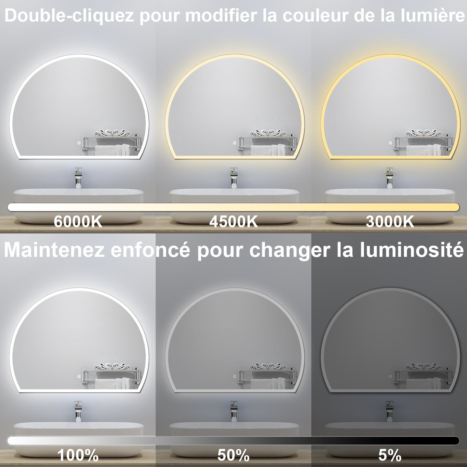 Miroir de salle de bain lumineux 80x60cm avec Anti-Buée + 3 Couleurs + Dimmable, Miroir LED Mural - 3