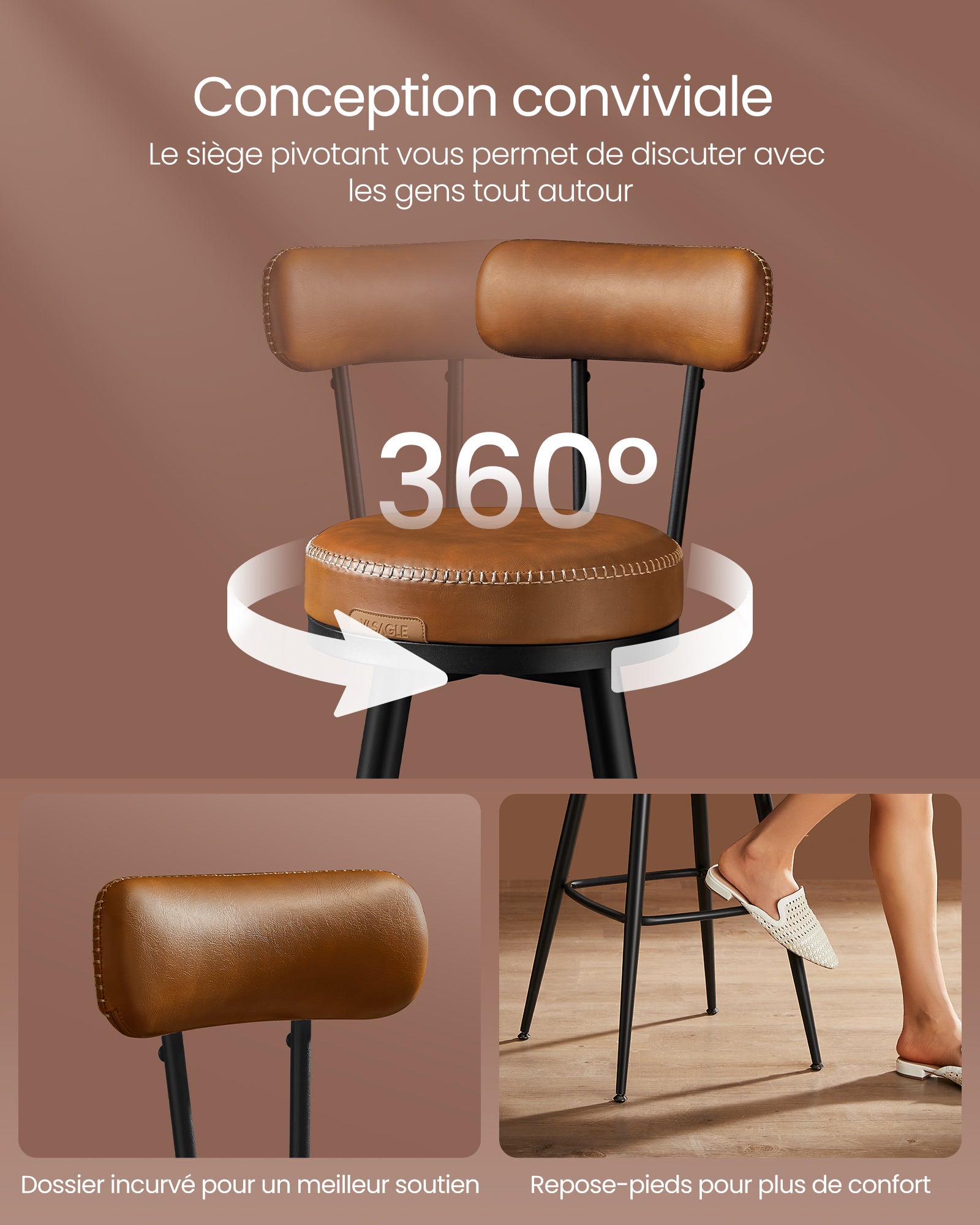 Tabouret de Bar, Lot de 4, Chaise de Cuisine, Siège Rembourré, PU avec Coutures, Style Moderne Mi-siècle, Hauteur 76 cm, Marron Caramel - 6